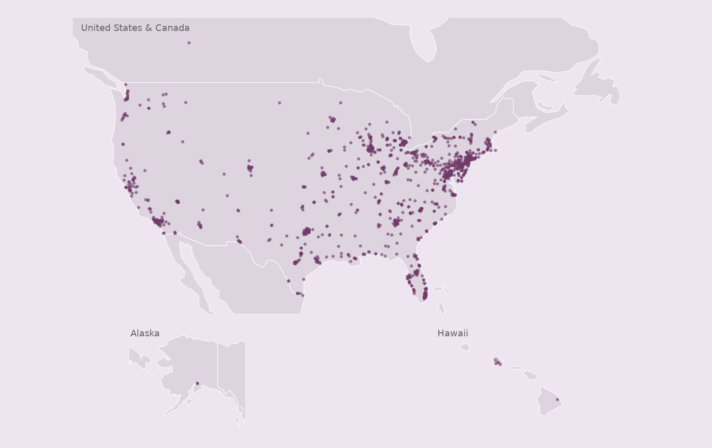 Map of collected Auntie Anne's locations