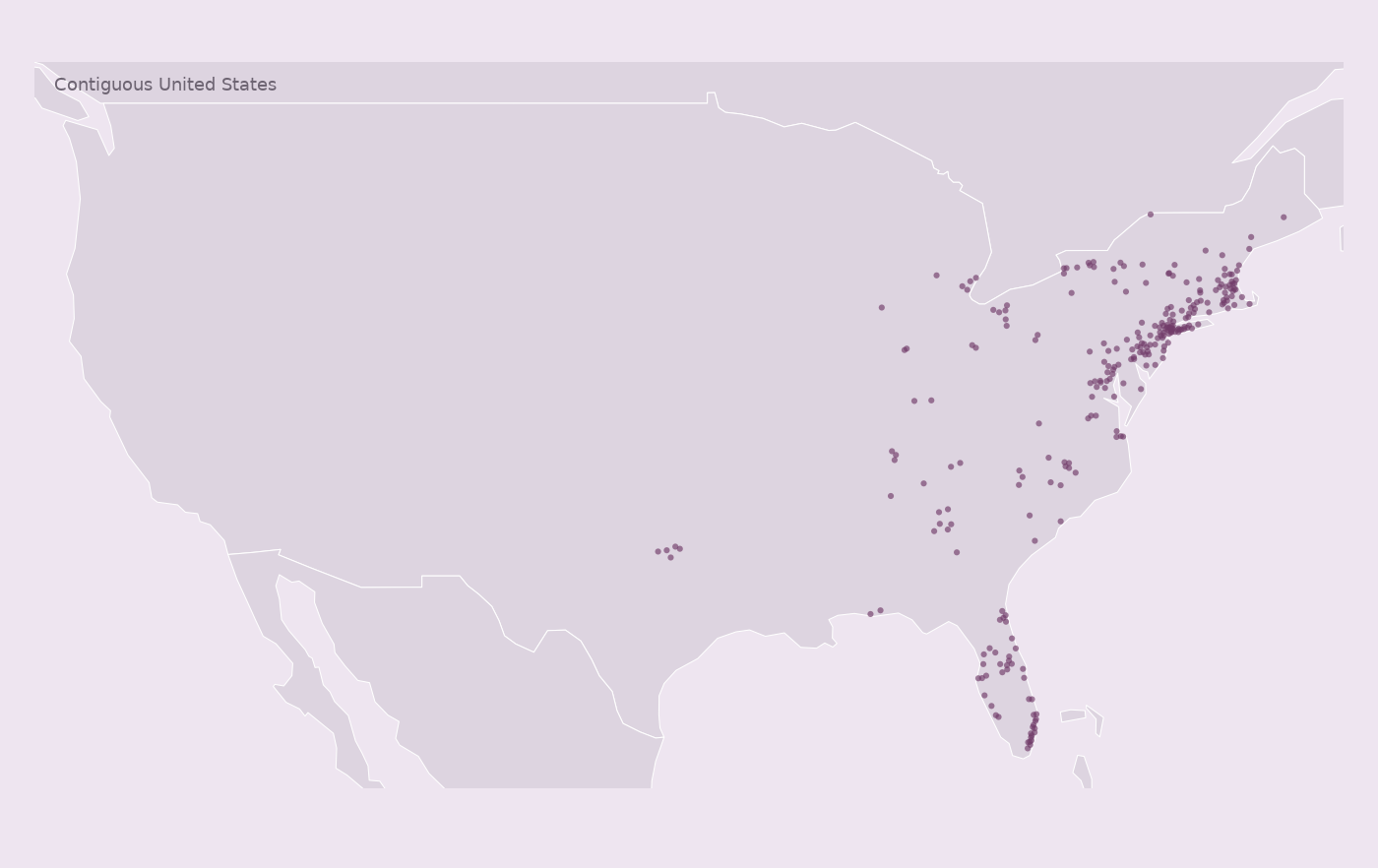 Map of collected BJ's Wholesale Club locations