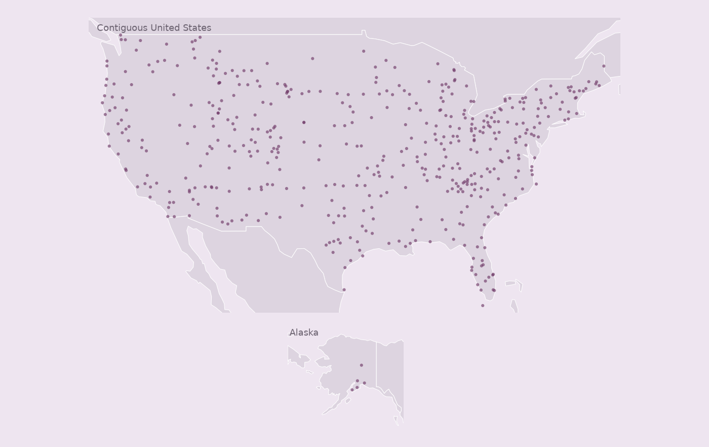 Map of collected KOA campgrounds locations